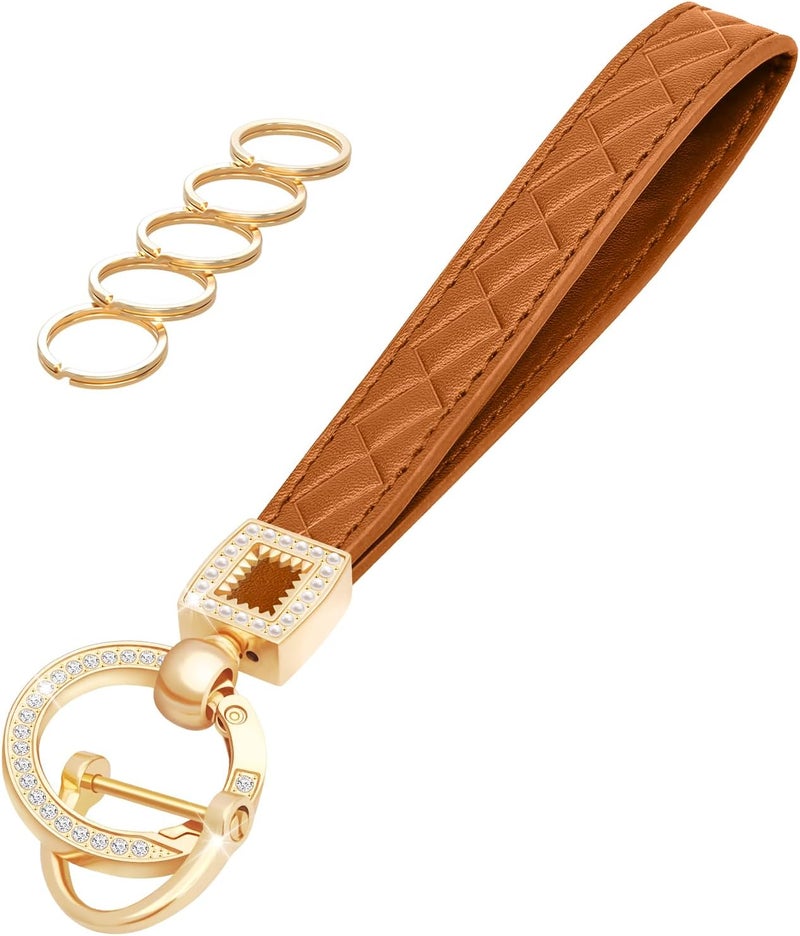 OHKYOOT Store Leather Wristlet Keychain,Wrist Keychain Car Key Chain with 5 Key Ring and Anti-Lost D Ring - Image 1